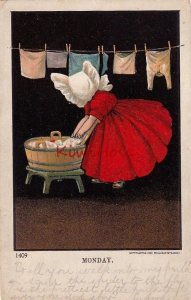 Postcard Sunbonnet Girl Red Dress Washing Clothes Monday 1409