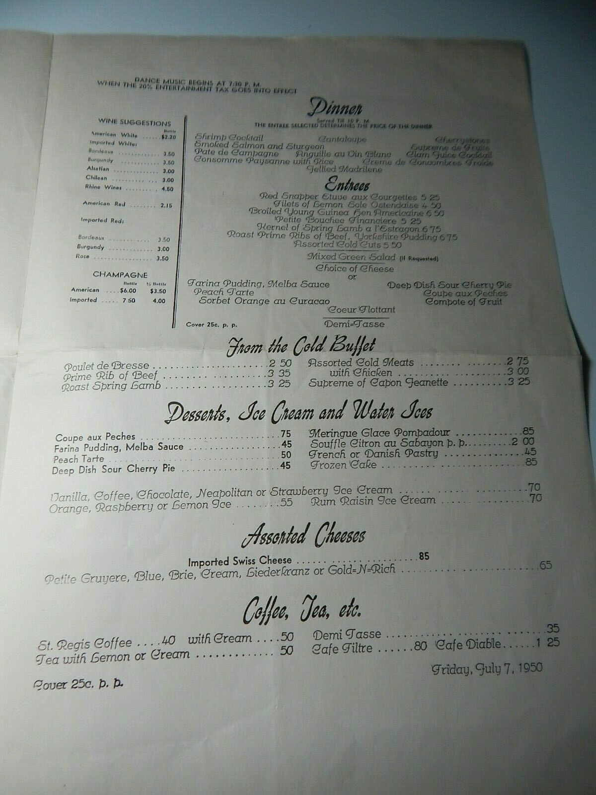 Vintage 1950 The St. Regis Restaurant Menu 5th Ave New York City ...