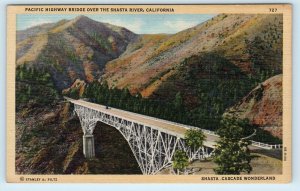 SHASTA RIVER, CA Pacific HIGHWAY BRIDGE c1940s Siskiyou County Linen Postcard