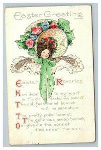 Vintage 1910's Art Deco Easter Postcard Cute Girl Giant Flowered Bonnet Poem