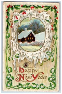 1912 New Year Mistletoe Berries House Winter Embossed Baltimore MD Postcard