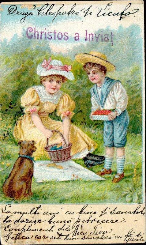 CIP0086 romania easter greetings girl boy dog eggs picnic lithography 1905