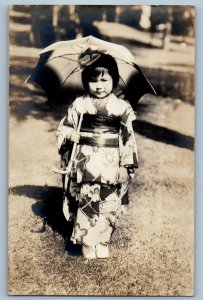 c1910's Cute Little Girl With Umbrella Japanese Kimono  RPPC Photo Postcard