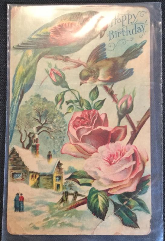 Postcard Used Stamp missing Creases “Happy Birthday” Birds/Flowers LB