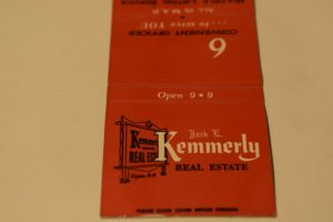 Jack L. Kemmerly Real Estate Illinois Red 30 Strike Matchbook Cover