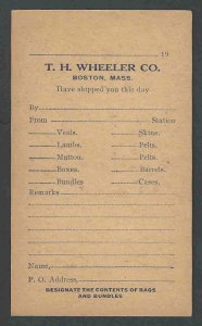 Ca 1908 PC TWH Wheeler Offers Meat & Pelts Etc Boston Ma