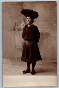 c1905 Woman Wearing Fashion Dress Hat Studio RPPC Photo Antique Postcard