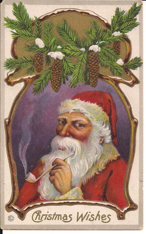 SANTA CLAUS Smoking Pipe, Pine Cones, Embossed, Border w Pine Boughs