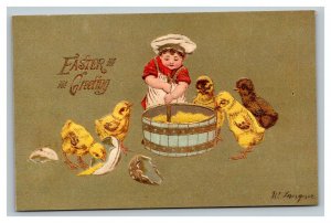 Vintage 1910's Easter Postcard Boy Chef Stirs Porridge in Barrel Giant Chicks