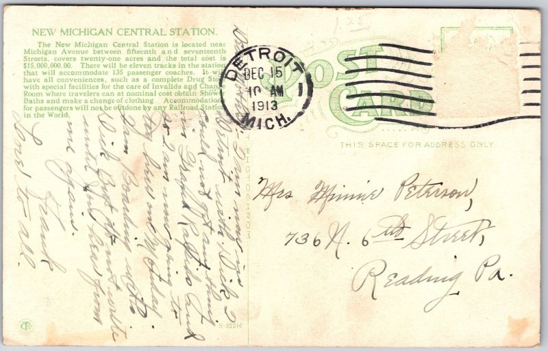 1913 New Michigan Central Station Detroit Michigan MI Building Posted Postcard