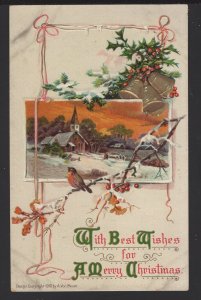 With Best Wishes for A Merry Christmas Church Bird Bells embossed pm1911 ~ DB