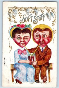 Minneapolis MN Postcard Valentine Heart Head Couple Sharing Soda Soft Stuff