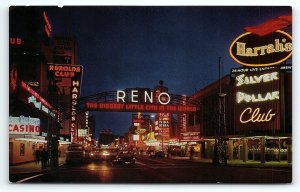 1950s RENO NEVADA HARRAH'S SILVER DOLLAR CLUB CASINOS NEON LIGHTS POSTCARD P3077