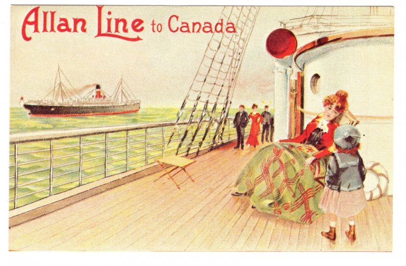 Allan Line to Canada, Ocean Liner Passenger Steam Ship, Woman and Child on Deck