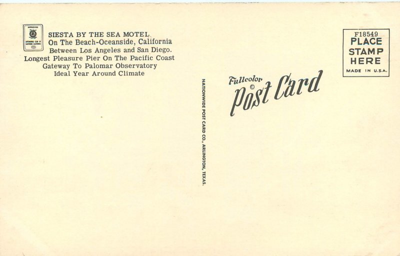 Linen Postcard Siesta By The Sea Motel Oceanside San Diego County CA Roadside
