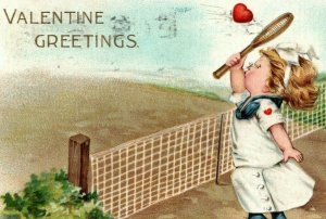 1914 Valentine Tennis Hitting Heart Love Game Delavan Wisconsin Antique Postcard 