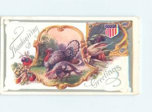 Pre-Linen thanksgiving patriotic USA FLAG SHIELD WITH TURKEYS HL1723