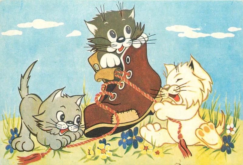 Romania `70s postcard kitties caricatures cats cat chats