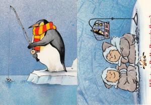 Penguin Fishing 2x Comic Humour Postcard s