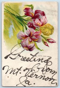 Mt. Vernon Iowa IA Postcard Greetings Embossed Flower And Leaves c1905's Antique