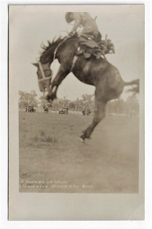 J. Hudgins on Spook Rodeo RPPC Miles City Montana by Stephenson Bucking Bronco