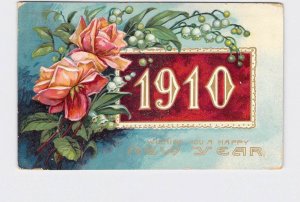 ANTIQUE POSTCARD NEW YEARS 1910 ROSES LILLY OF THE VALLEY LACE BORDER EMBOSSED 