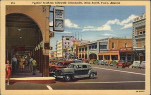 Yuma Arizona AZ Main Street Classic 1940s Cars Vintage Linen Postcard