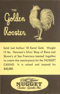 Postcard Sparks NV Golden Rooster At Dick Graves Nugget Insured At $40,000