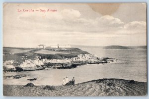 La Coruna Spain Postcard Calle San Amaro Beach Scene c1910 Antique Unposted