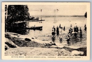 Beach, Keswick Hotel, Ferndale Muskoka ON, 1933 Postcard, Postal Services Cancel