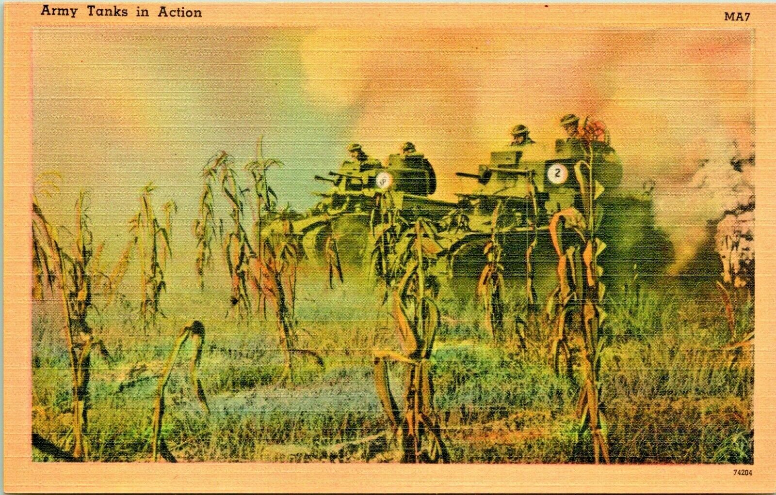 vtg-linen-postcard-ww2-army-tanks-in-action-tichnor-military-activity