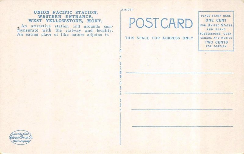 West Yellowstone, MT Montana  UNION PACIFIC RAILROAD STATION  ca1920's Postcard