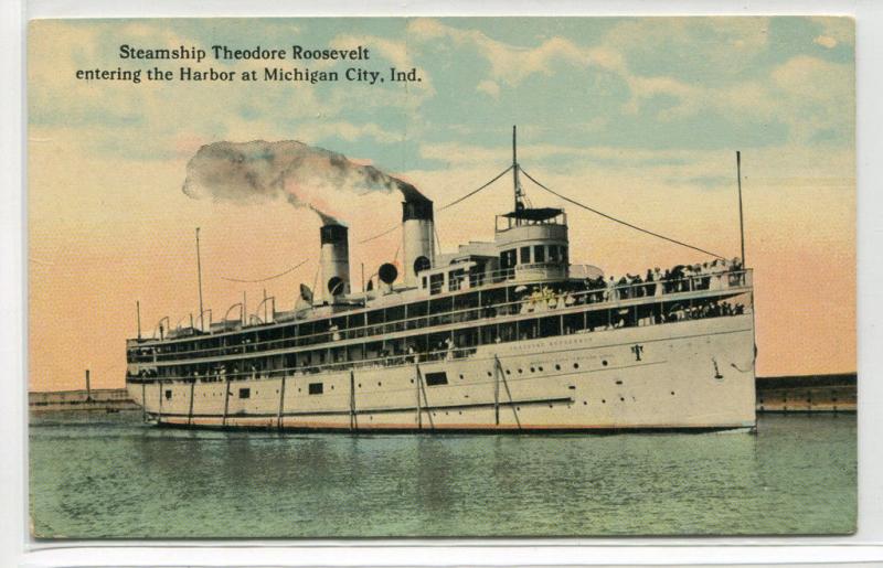 Steamer Theodore Roosevelt Entering Harbor Michigan City Indiana 1910c postcard 