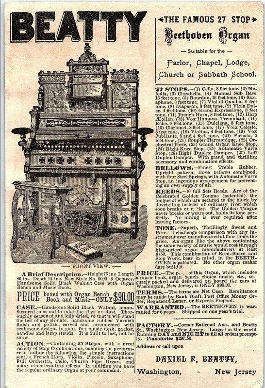 Engraved Beatty's Organs & Pianos Beethoven Organ Girl Victorian Trade Card &B
