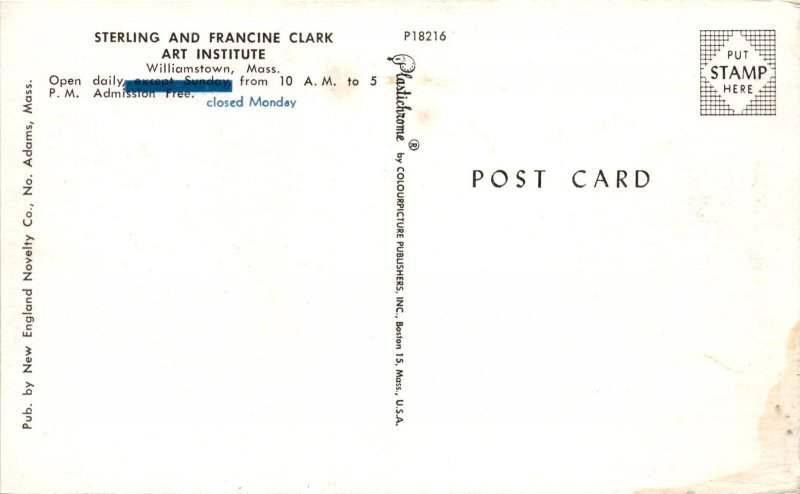 Sterling & Francine Clark Art Institute Postcard, Free Admission