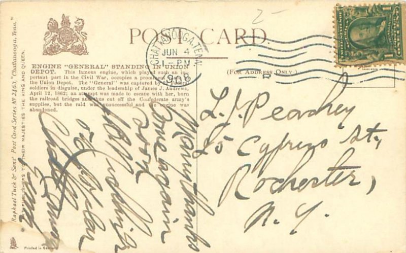 Chatanooga Tennessee General Standing in Union Depot 1908 Postcard  Used