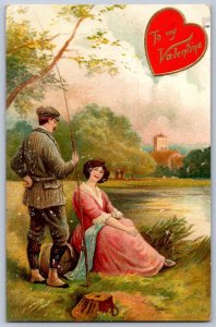 K47/ Valentine's Day Love Holiday Postcard c1910 Fishing Man Woman 472