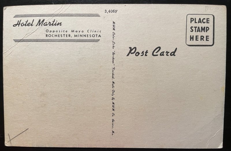 Vintage Postcard 1940's Hotel Martin (Colonial Inn), Rochester, Minnesota (MN)