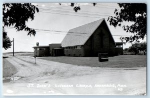 Annandale MN Postcard RPPC Photo St. John's Lutheran Church Dirt Road c1940's