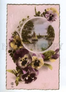 240415 PANSY Flowers near BOAT Vintage PHOTO COLLAGE postcard