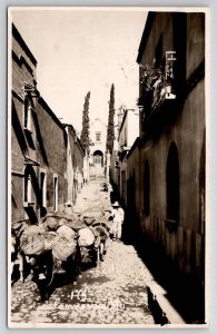 Mexico Busy Street Scene Donkeys At Work Real Photo Postcard C36