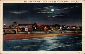 View from Pier of Ocean Promenade by Night, Daytona Beach FL Vtg Postcard H07