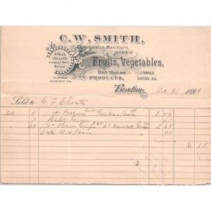 1899 Antique Billhead - C.W. SMITH Dealer in Fruits & Vegetables - Boston