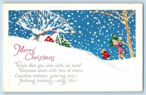 Christmas Postcard Children With Gifts On Snow Winter Scene Embossed c1910's