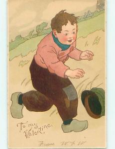 Pre-1907 valentine BOY CHASES HIS HAT BLOWN OFF HIS HEAD r3954