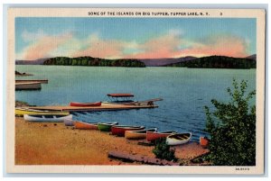 c1930's Boat Scene Some of Islands on Big Tupper Tupper Lake NY Postcard 