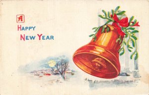 Vintage New Year Postcard with Bell & Mistletoe Holiday Greeting