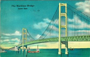 Mackinac Bridge Center Span Artist View Mackinac Michigan MI Chrome Postcard