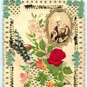 c1900s Christian Floral Silk Flower Paper Lace Girl Nun Praying Trade Card C12