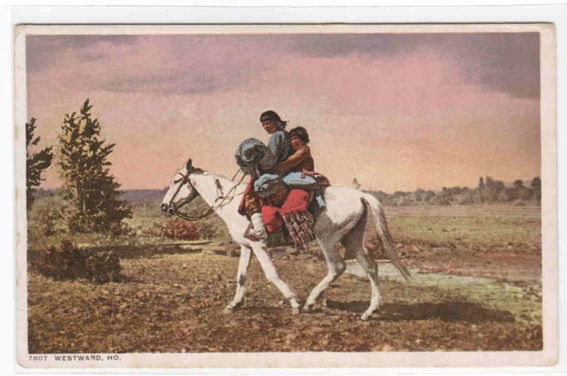 Westward Ho Native American Indians on Horseback Phostint 1910c postcard